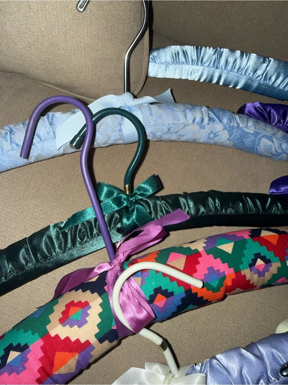 14 Vintage satin Cloth padded hangers various pastel colors patterned designs
